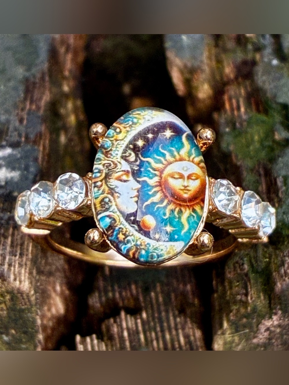 🌜🌞 Celestial Moon & Sun Ring - CZ, Gold-Tone with Blue & Gold Accents